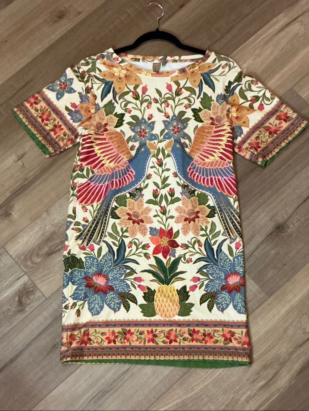 FARM Rio Cream Shift Dress with Multicolor Floral & Bird Motif